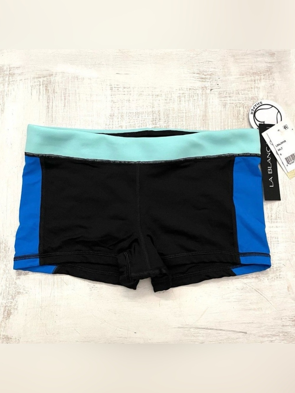 La Blanca Swim Shorts Boyshorts, Booty Shaper, Black Aqua Blue, Size Small
